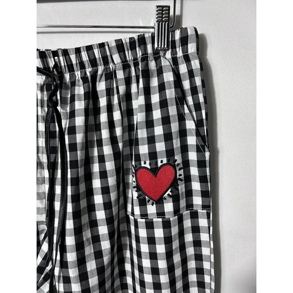 Keith Haring Pajama Set Womens Medium Black Gingham Check Heart Love Cotton - Picture 9 of 15